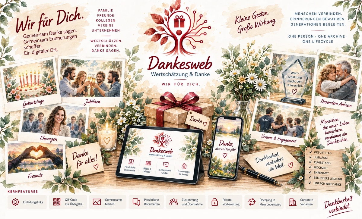 Dankesweb – Wertschätzung & Danke. Wir für Dich. Aquarell-Collage mit Geschenk, Blumen, Kerze, Tablet und Smartphone sowie Fotos zu Anlässen wie Geburtstagen, Jubiläen, Ehrungen, Freunden, Vereinen und besonderen Anlässen.